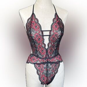In Bloom Sexy Black & Red Lace Plunge Teddy